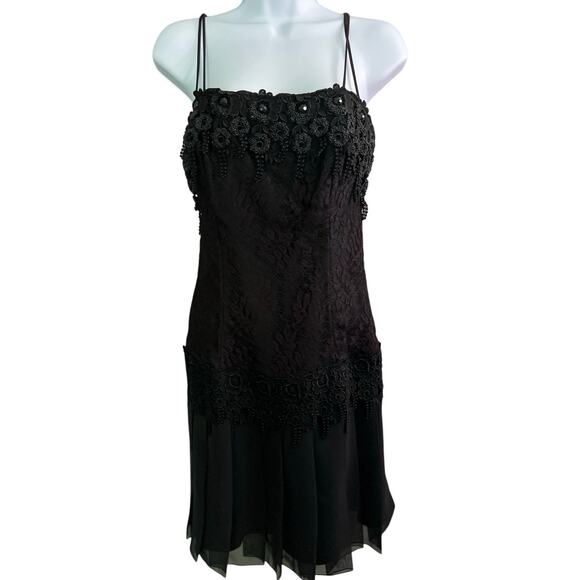 VTG Jessica McClintock Mini Dress 6 Black Bead Floral Brocade Lace Chiffon Party - Picture 1 of 11